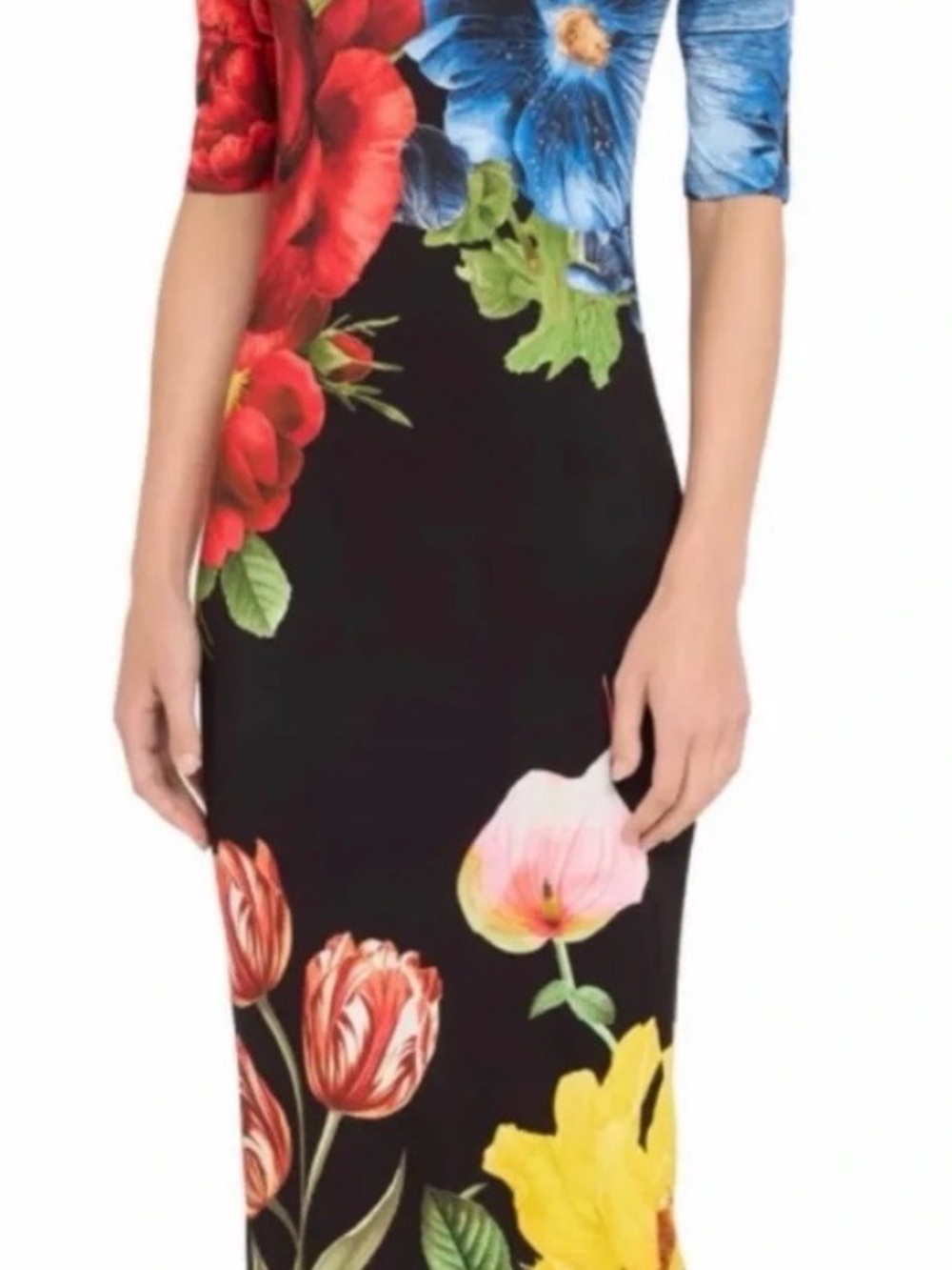 Alice + Olivia Delora Midi Dress with Red, Blue, Yellow & Pink Floral Print